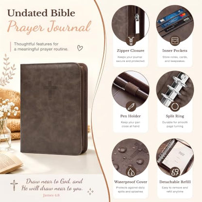 Ospelelf Removable Prayer Journal with Leather Brown 6 Ring Binder 3-Month - color: brown