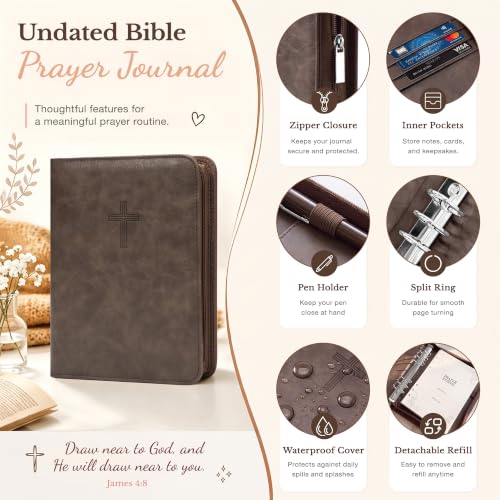 Ospelelf Removable Prayer Journal with Leather Brown 6 Ring Binder 3-Month - color: brown