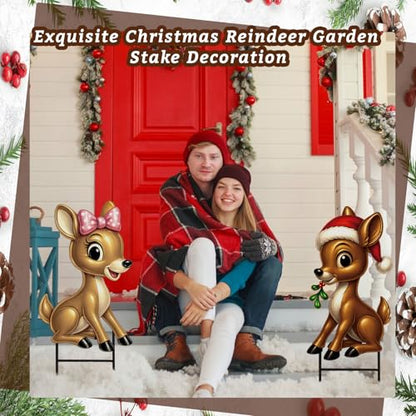 Moxweyeni 2 Pcs Outdoor Reindeer Christmas Decoration Cute Deer Sign Large Metal Reindeer Yard Sign with Stakes Christmas Farmhouse Deer Figurines for Lawn Garden Holiday Display - style: Cute Reindeer