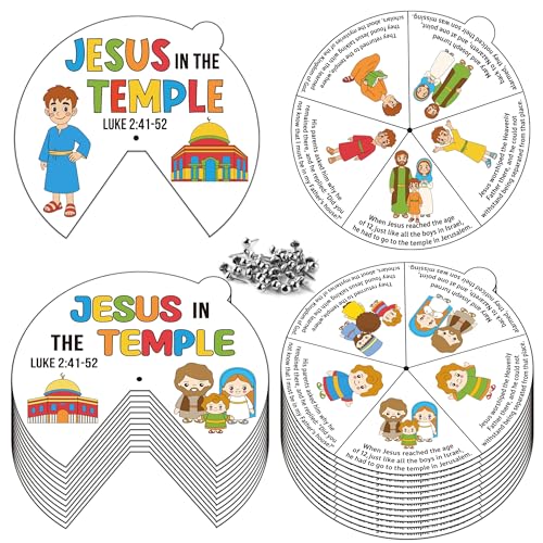 COcnny Easer Religious Coloring Craft- 24 Sets Color Your Own Christian Art Craft DIY Spining Cards for Kids, Jesus in the Temple Paper Craft Art for Sunday School Home Class Bible VBS Activities - style: Jesus in The Temple