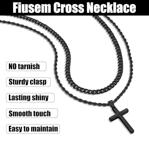 Fiusem 2 Pcs Cross Necklace Chain for Men and Women, Layered Mens Cross Necklaces Stainless Steel Pendant Cuban Link Rope Chain 16-26 Inch, Jewelry Gift - size: 20in/22in, style: Rope & Cuban Small Black Cross (1.2" * 0.7")