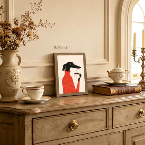 OPFDE Wood Framed Funny Dog Coffee Wall Art, Mid Century Modern Abstract Animal Wall Decor, Minimalist Coffee Bar Poster Print, Cozy Coffee Lover Artwork for Kitchen Living Room Office 8x10 Inch - color: BlackDog, size: 10"L x 8"W