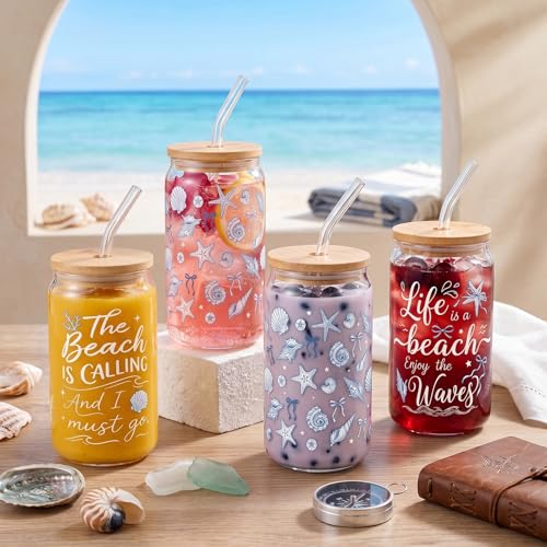 Glass Cups with Lids and Straws, 4Pack, 16oz, Seashell Ocean - color: Beach & Coastal