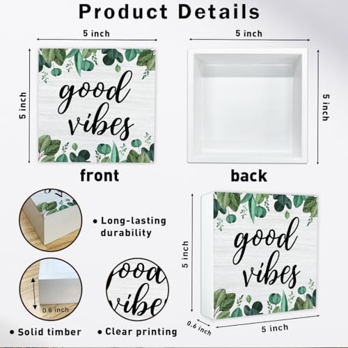 | Boho Decor for Shelves 5x5 Wooden Box Sign – Eucalyptus Decor with Sage Green Decorations | Inspirational Desk Accent and Positive Wooden Box for Office or Home Shelf Display-B03 - color: Eucalyptus Decor