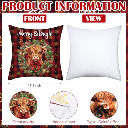 FuWeave 6 Set Christmas Pillow Covers 18 x 18 Highland Cow Pillow Case - style: Highland Cow Buffalo Plaid