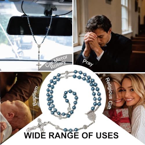 8mm Glass Pearl Rosary - Catholic Necklace for Men and Women Comes in a Metal Gift Box, First Communion Rosary Necklace as Gifts - color: Blue