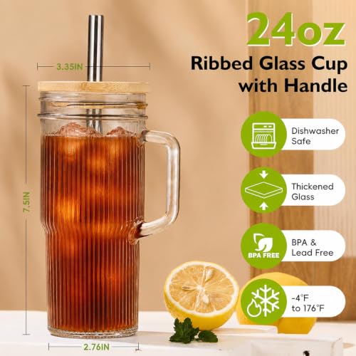 JunVpic Glass Tumbler, 24 oz Ice Coffee Cups with Bamboo Lid and Handle - color: Clear-Ribbed, size: 24oz