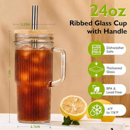 JunVpic Glass Tumbler, 24 oz Ice Coffee Cups with Bamboo Lid and Handle - color: Clear-Ribbed, size: 24oz