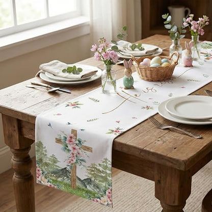 Easter Table Runner 13 x 72 Inch, Rustic Wood Cross with Spring Floral Design, He is Risen Religious Table Decor, Modern Farmhouse Kitchen Dining Runner for Easter Sunday & Family Party - style: Rustic Floral Cross