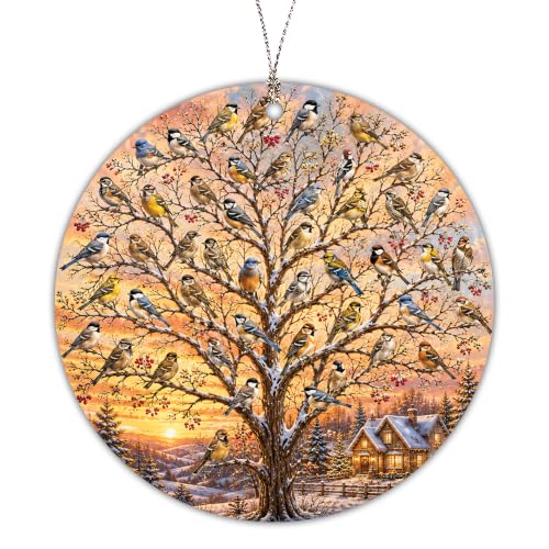 Bird Ornaments for Christmas Tree with Winter Songbirds and a Cozy Snowy Cabin Scene, Christmas 2026 Decorations for Bird Lovers and Bird Watchers, Nature-Inspired Holiday Tree Decor - color: Bird Ornament