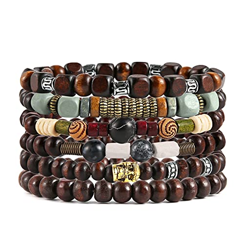 HZMAN Handmade Hemp Cords Wood Beads Leather Bracelets for Men Women - style: Skull