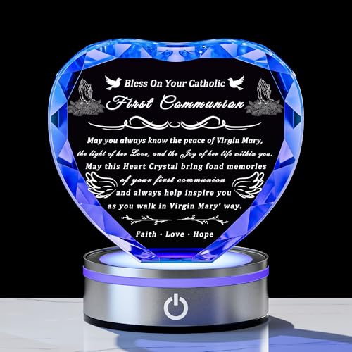 Qianwei First Communion Gifts for Boys Girls, 3D Engraving Crystal Praying Boy John Figurine Virgin Mary First Communion Veil Decoration, Baptism Gifts for Boy Girls Catholic - color: Communion- Virgin Mary-heart