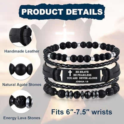 Mens Cross Bead Braided Genuine Leather Bracelet, Black Gemstone Agate Onyx Beaded Rosary Obsidian Bangle, Faith Religious Easter Catholic Christian Communion Baptism Christmas Jewelry Gift for Men - color: Set-Joshua 1:9