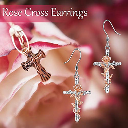 LUHE Sterling Silver Corss/Daisy/Musica Note Dangle Earrings for Women - style: Cross Earrings with Rose
