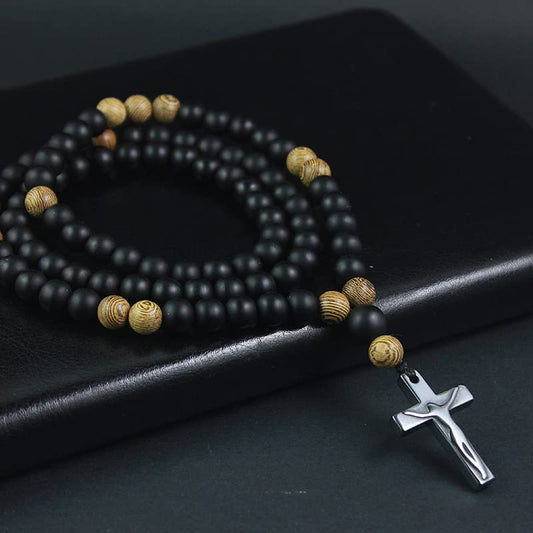 COLORFUL BLING Natural Wooden Catholic Rosaries Wood Crucifix Prayer Beads Pendant Necklace Prayer Jesus Religious Cross Rosary Necklace Handmade Jewelry - color: black agate