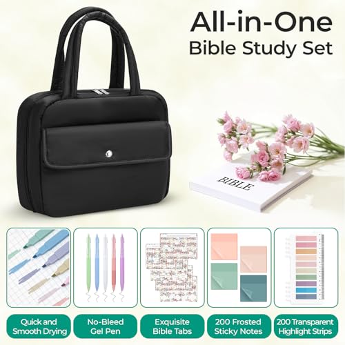 WOBAGMEN Puffy Bible Cover Case for Women with Study Supplies,Soft Bible Bag with Highlighters for Girls, Bible Journaling Kit Christmas Christian Gift for Women (Black, M) - color: Black