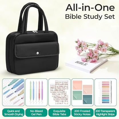 WOBAGMEN Puffy Bible Cover Case for Women with Study Supplies,Soft Bible Bag with Highlighters for Girls, Bible Journaling Kit Christmas Christian Gift for Women (Black, M) - color: Black