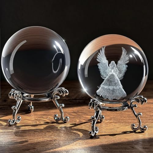 2 Pcs Crystal Ball with Silver Stand - 3D Laser Engraved Guardian Angel & Clear Glass Sphere Paperweight, Healing Crystal Figurine for Home Decor, Wedding & Angel Lovers Gift - color: Clear&angel