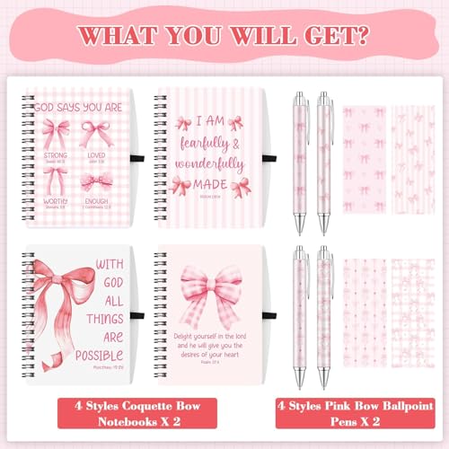 16 Pcs Christian Coquette Pink Bow Spiral Notebooks Bible Verse Ballpoint Pens Religions Cute Aesthetic Journals Notepad Retractable Pen for Office Supplies