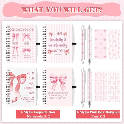 16 Pcs Christian Coquette Pink Bow Spiral Notebooks Bible Verse Ballpoint Pens Religions Cute Aesthetic Journals Notepad Retractable Pen for Office Supplies