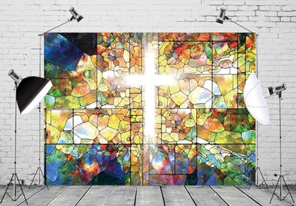6x4ft Jesus Christ Cross Backdrop Stained Glass Holy Bible for Church Event Photography Background Crucifix Christian Religious Easter Decorations Banner Portraits Photo Studio Props - size: 6x4ft