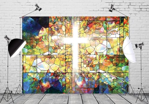 10x6.5ft Jesus Christ Cross Backdrop Stained Glass Holy Bible for Church Event Photography Background Crucifix Christian Religious Easter Decoration Banner Portrait Photo Studio Prop - size: 10x6.5ft