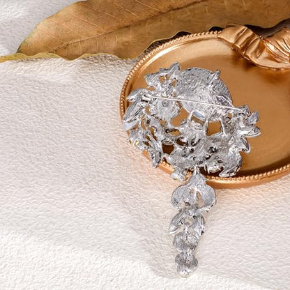 SELOVO Large Long Flower Brooch Pin for Women Wedding Party Brooch Pendant - color: Clear&Silver-tone