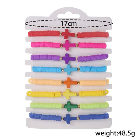 Caiyao 8Pcs Cross Bracelets Bohemian Rainbow Polymer Clay Cross Stretch Bracelets Colorful Stackable Cross Beads Elastic Bracelet for Women Summer Beach Friendship Jewelry Gifts - color: 8pcs 1