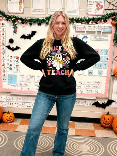 Teacher Halloween Sweatshirt Women Cute Ghost Reading Books Tops - color: D-black, size: Medium