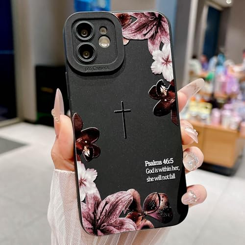 Bible Verse Phone Case for iPhone 12 Case, Cute Simple Cross with Flower Design, Soft TPU Shockproof Protective Cover for Girls Women-Black - color: Black-2, size: iPhone 12