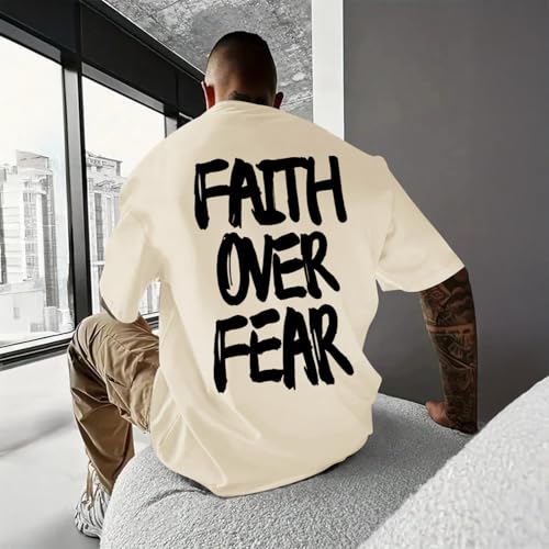 Christian Jesus Shirts for Men Faith Over Fear Shirt God Religious Bible Verse Inspirational Oversized Graphic Tees - color: Apricot, size: Small
