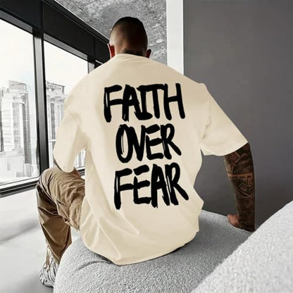 Christian Jesus Shirts for Men Faith Over Fear Shirt God Religious Bible Verse Inspirational Oversized Graphic Tees - color: Apricot, size: Large