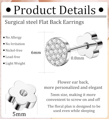 14K Gold Plated Small Stud Earrings for Girls Women Hypoallergenic Surgical Steel Cartilage Flat Back Stud Earrings CZ Cross Dot Bar Heart Handmade Screw Back Earrings Studs - color: Silver, style: Dot