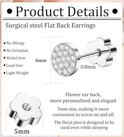 14K Gold Plated Small Stud Earrings for Girls Women Hypoallergenic Surgical Steel Cartilage Flat Back Stud Earrings CZ Cross Dot Bar Heart Handmade Screw Back Earrings Studs - color: Silver, style: Dot