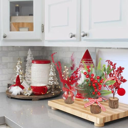 4 Pcs Mini Christmas Trees Table Decorations Small Christmas Tree with Christmas Ornaments Pine Cone Berry Artificial Xmas Tree Centerpieces for Home Indoor Fireplace Mantel Party Winter Decor