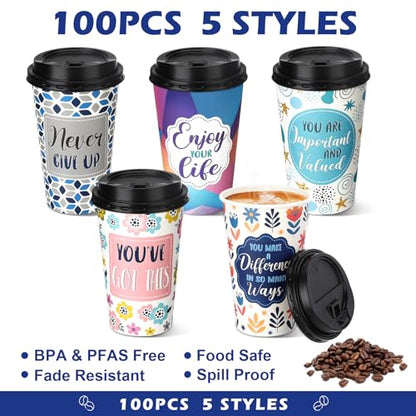 100 Pack 16 oz Paper Coffee Cups with Lids 5 Quotes - style: Motivational
