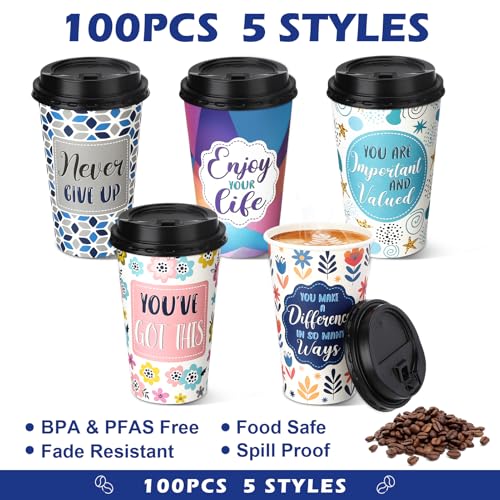 100 Pack 16 oz Paper Coffee Cups with Lids 5 Quotes - style: Motivational