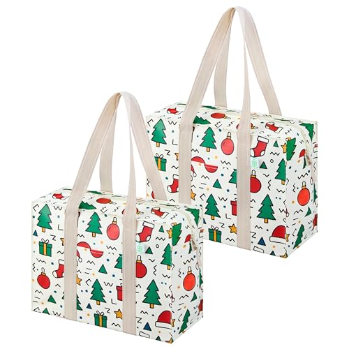 VENO 2 Pack Utility Tote Reusable Grocery Bags with Zipper & Hard Bottom - color: Jingle Mix, size: 2 Pack