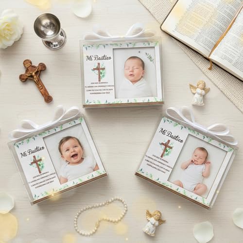 CJiangpo Spanish Baptism Picture Frame - 12 Set Catholic Mi Bautizo Gifts for Baby, Baby Shower Favor Cross Wood Photo Frame with Bows and Clear Plastic Boxes Religious First Communion keepsake - color: Eucalyptus Leaf