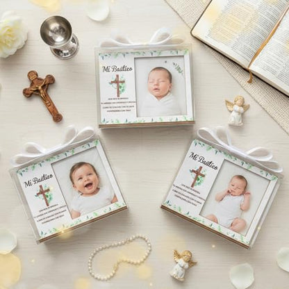 CJiangpo Spanish Baptism Picture Frame - 12 Set Catholic Mi Bautizo Gifts for Baby, Baby Shower Favor Cross Wood Photo Frame with Bows and Clear Plastic Boxes Religious First Communion keepsake - color: Eucalyptus Leaf