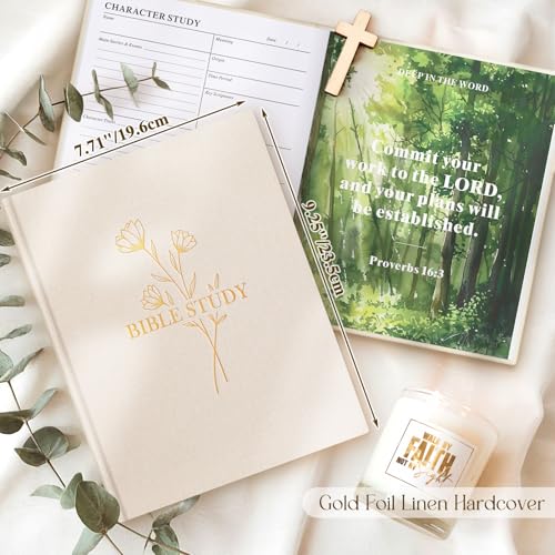 Lanpn Bible Study Journals for Women with Tabs & Highlighters, Church Notes Taking Daily Devotional Journaling, Linen Bible Prayer Guide Notebook Christian Religious Faith Based Gifts, Beige - color: Beige