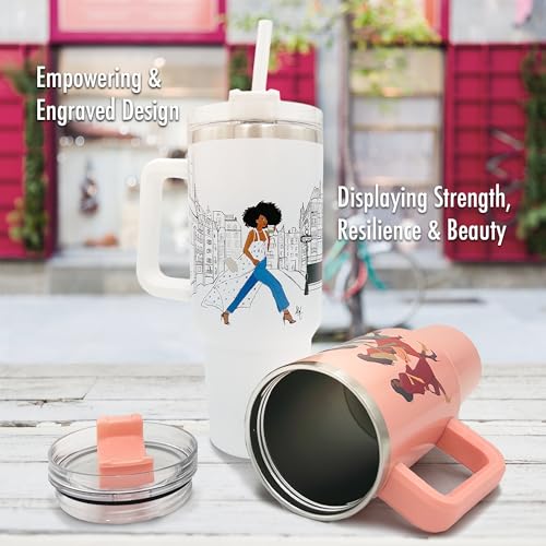 40oz Tumbler with Inspirational Quotes, African American Art, Handle, Straw & Twist-On Lid – Leak-Proof Insulated Drinkware for Black Women, Uplifting Gift - Keepin It Movin - color: Keepin it Moving