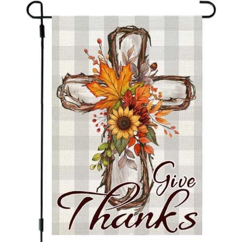 CROWNED BEAUTY Give Thanks Fall Garden Flag 12 x 18 Inch Double Sided Christian Cross Sunflower Thanksgiving Outdoor Yard Decor for Porch Patio Lawn