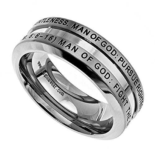 Spirit & Truth Solid Stainless Steel Christian Man of God Ring 1 Timothy 6:6-16, Guy's Purity Ring with Comfort Fit Interior Strong Masculine Appearance