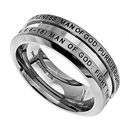 Spirit & Truth Solid Stainless Steel Christian Man of God Ring 1 Timothy 6:6-16, Guy's Purity Ring with Comfort Fit Interior Strong Masculine Appearance