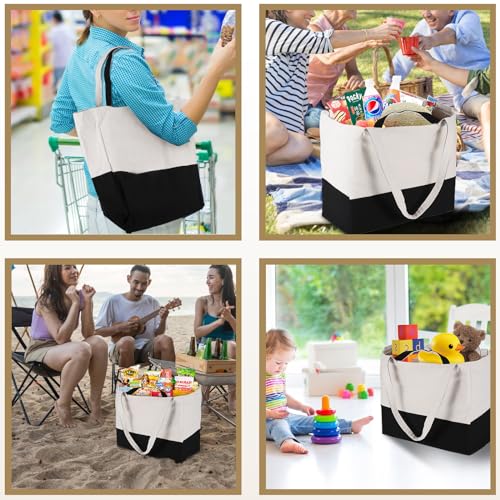 3 Pack Canvas Grocery Bags with Long Shoulder Strap and Short Handle（Black） - color: Black-3pack