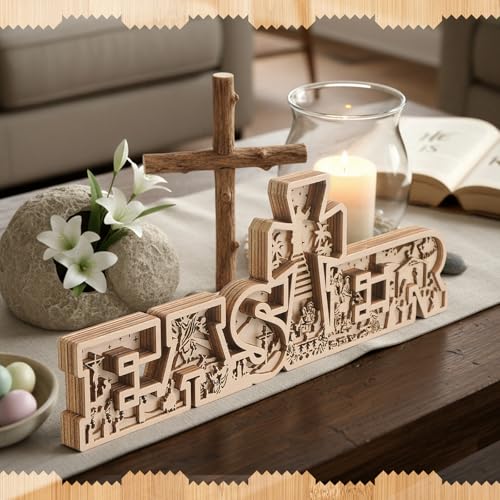Easter Table Decorations Christianity Is Risen Easter Resurrection Scene with Cross Laser Cut Religious Christian Tabletop Centerpiece Jesus Nativity Scene for Home Church Tiered Tray Decor - style: Nativity Scene