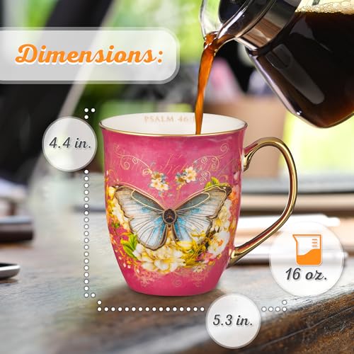Christian Art Gifts Pink Butterfly Ceramic Coffee Mug, Psalm 46:10, 14 oz. - color: Pink/Be Still