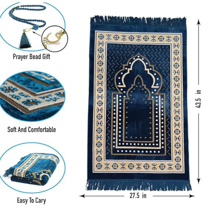 Turkish Muslim Prayer Rug, Mat with Beads for Men Women, Ramadan Hajj Gift (Blue) - color: Blue