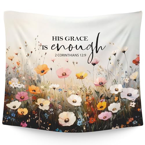 WAITPI Christian Floral Hanging Wall Tapestry for Bedroom, His Grace Is Enough Bible Verse Scripture Wildflowers Flower Wall Hanging Decor Tapestry for Home Living Room Church Office, 50x60in - color: grace, size: 60"L x 50"W
